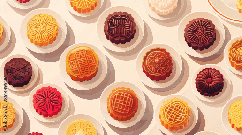 Flat illustration of moon cakes seamless pattern Flat illustration of moon cakes seamless pattern