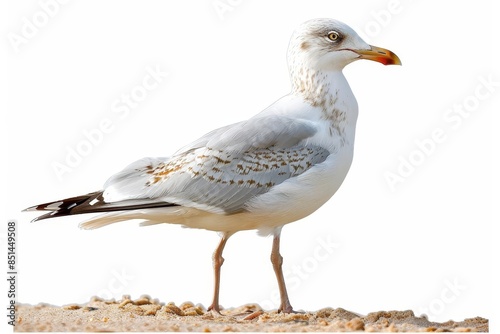 Elegant seagull standing on sandy beach with white background, showcasing detailed feathers and natural colors, white background