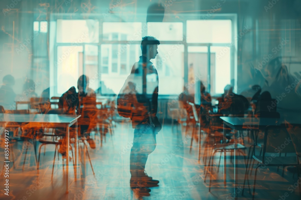 School teacher explaining lesson education (realistic, double exposure) classroom