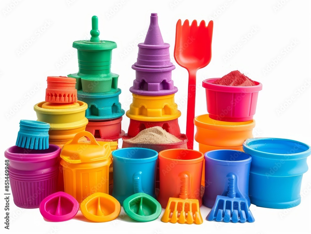 A set of sandcastle tools including buckets, white background A set of sandcastle tools including buckets, white background