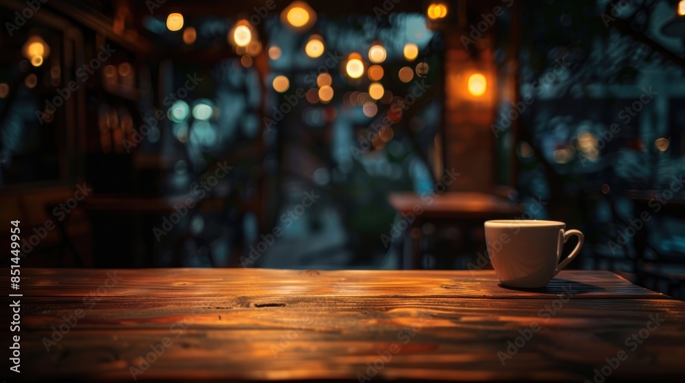 Cozy evening cafe ambiance with dim lighting, wooden table, and a coffee cup, perfect for relaxation and conversations. Cozy evening cafe ambiance with dim lighting, wooden table, and a coffee cup, perfect for relaxation and conversations.