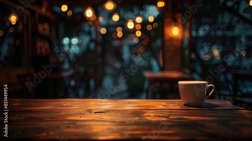 Cozy evening cafe ambiance with dim lighting, wooden table, and a coffee cup, perfect for relaxation and conversations. photo