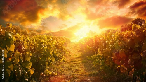 Vineyard with beautiful sunset sky on the background