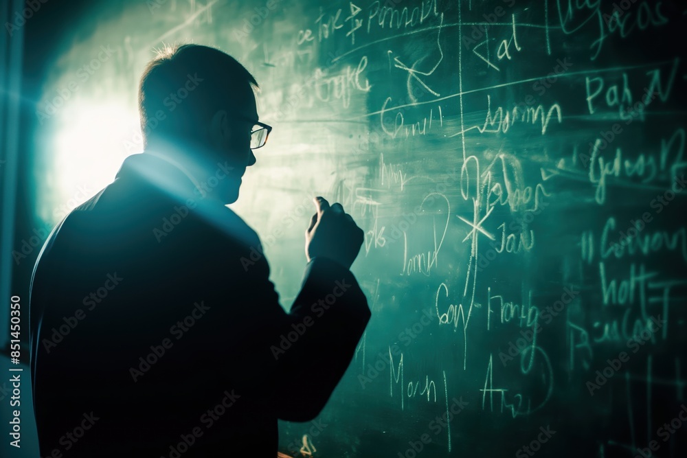 Math teacher solving equation mathematics (dynamic, silhouette) chalkboard Math teacher solving equation mathematics (dynamic, silhouette) chalkboard