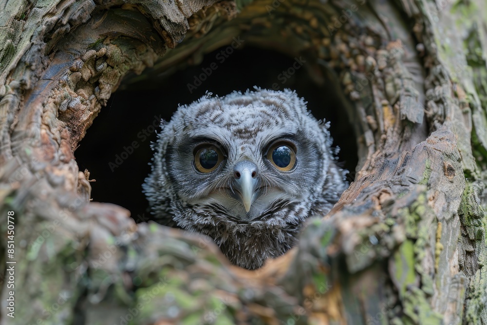 A fluffy baby owl peeking out from a tree hollow, with large, round eyes. The background shows the trunk of an old tree with moss A fluffy baby owl peeking out from a tree hollow, with large, round eyes. The background shows the trunk of an old tree with moss
