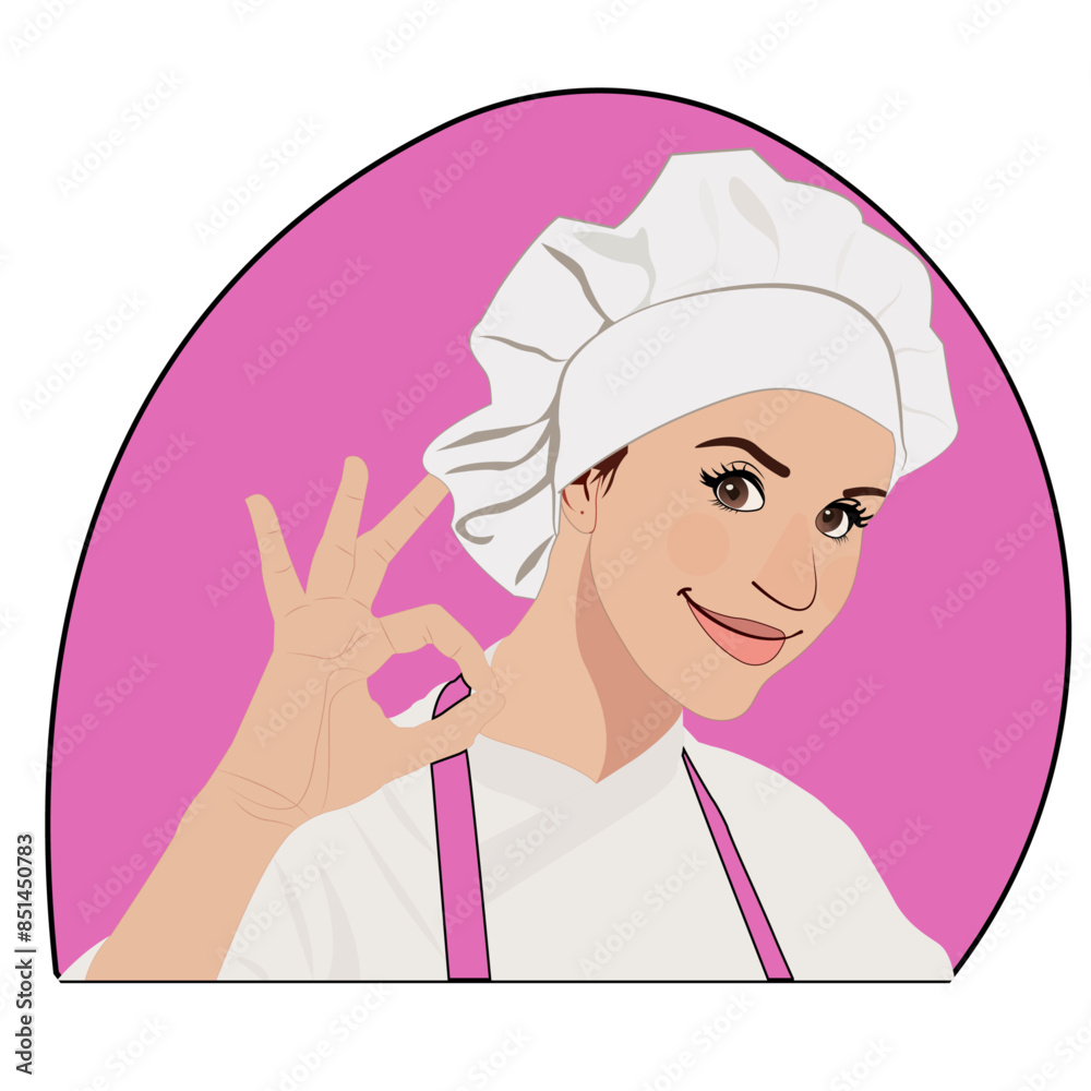Bakery Culinary Girl Chef Cartoon in Logo Style giving a perfect okay delicious cook gesture Bakery Culinary Girl Chef Cartoon in Logo Style giving a perfect okay delicious cook gesture
