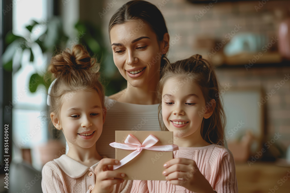 Playful children with their mother reading Mother's Day gift cards. Playful children with their mother reading Mother's Day gift cards.