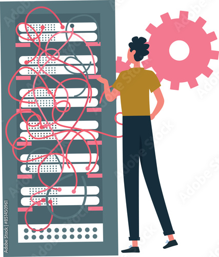 A guy is connecting a database server with different cables.