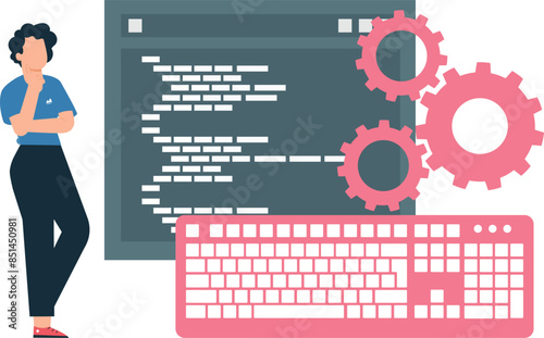 A boy is thinking about the coding.