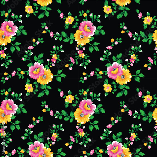 seamless floral pattern vector illustration design, tropical flowers and leaves beautiful textile print allover repeat pattern design illustration on black background 