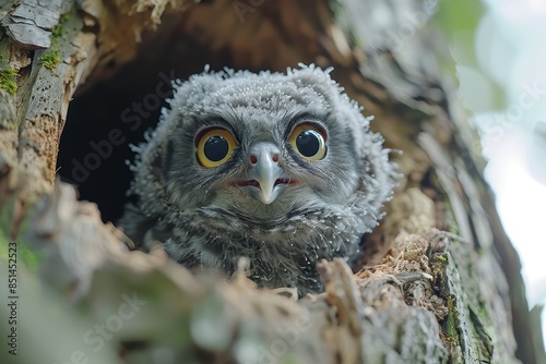A fluffy baby owl peeking out from a tree hollow, with large, round eyes. The background shows the trunk of an old tree with moss  © Nico