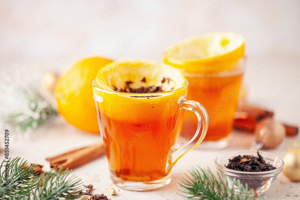 Black tea brewed in orange zest. Citrus hot drink Black tea brewed in orange zest. Citrus hot drink