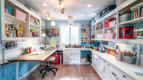 bright and functional craft room with wall-mounted storage for supplies, a large worktable, and plenty of light for various projects photo