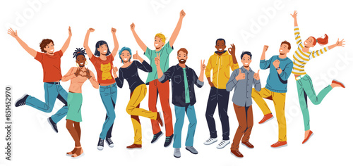 A diverse group of young people joyfully jumping together, smiling and carefree. White background, low angle shot. Perfect for illustrating happiness, joy, diversity, teamwork.