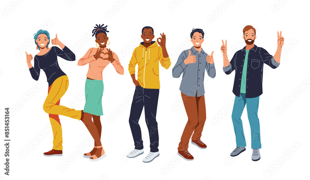 Fototapeta premium Group of people showing positive emotions with hand gestures like thumbs up and peace signs. They wear casual clothes and have various hairstyles, standing against a isolated white background