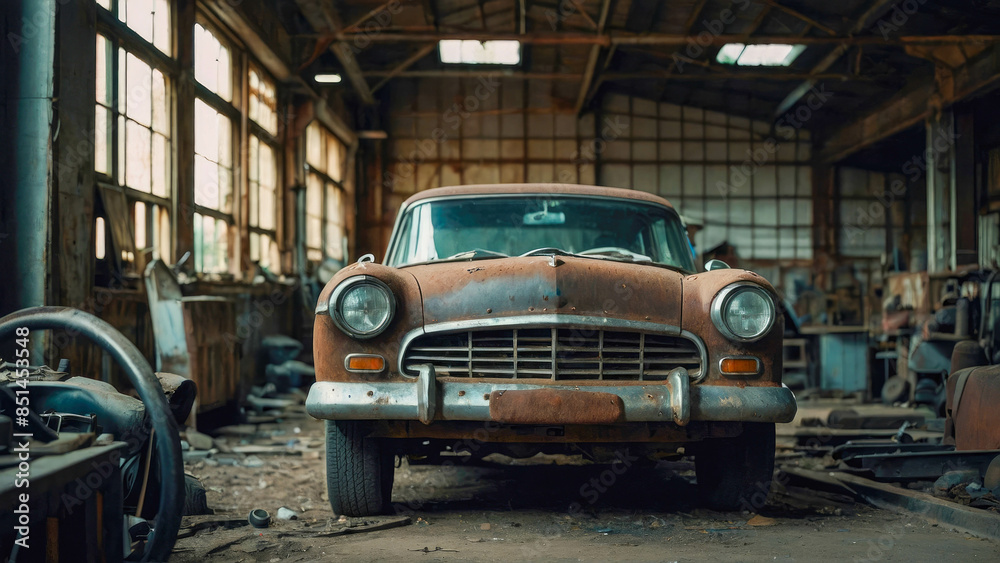 Obraz premium Vintage american car in the garage. Selective focus