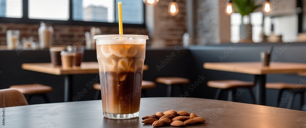 A refreshing iced latte with almonds on a modern, cozy café table under soft, warm lighting, perfect for relaxing and rejuvenating A refreshing iced latte with almonds on a modern, cozy café table under soft, warm lighting, perfect for relaxing and rejuvenating
