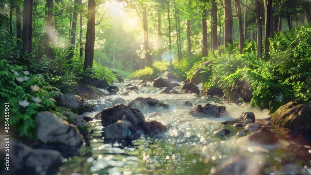 beautiful atmosphere of green forest and flowing river and sun beautiful atmosphere of green forest and flowing river and sun