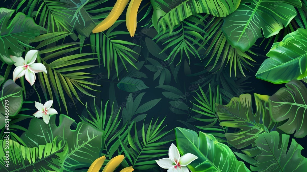 Fototapeta premium Tropical Leaf Border with White Flowers and Bananas