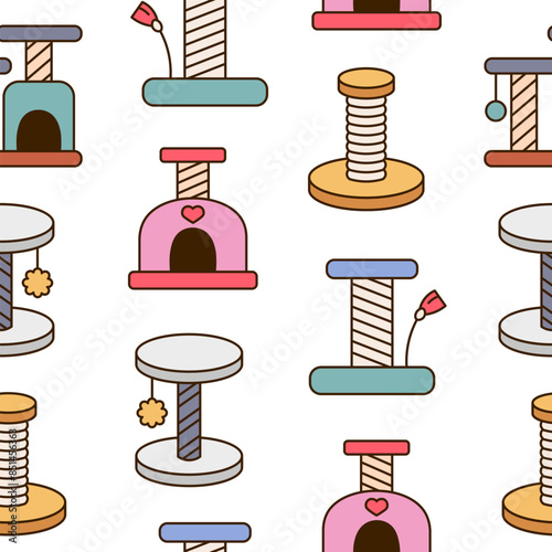 Scratching post for home cats. Seamless pattern. Kitty houses and furniture. Veterinary shop merchandise. Hand drawn style. Vector drawing. Design ornaments.