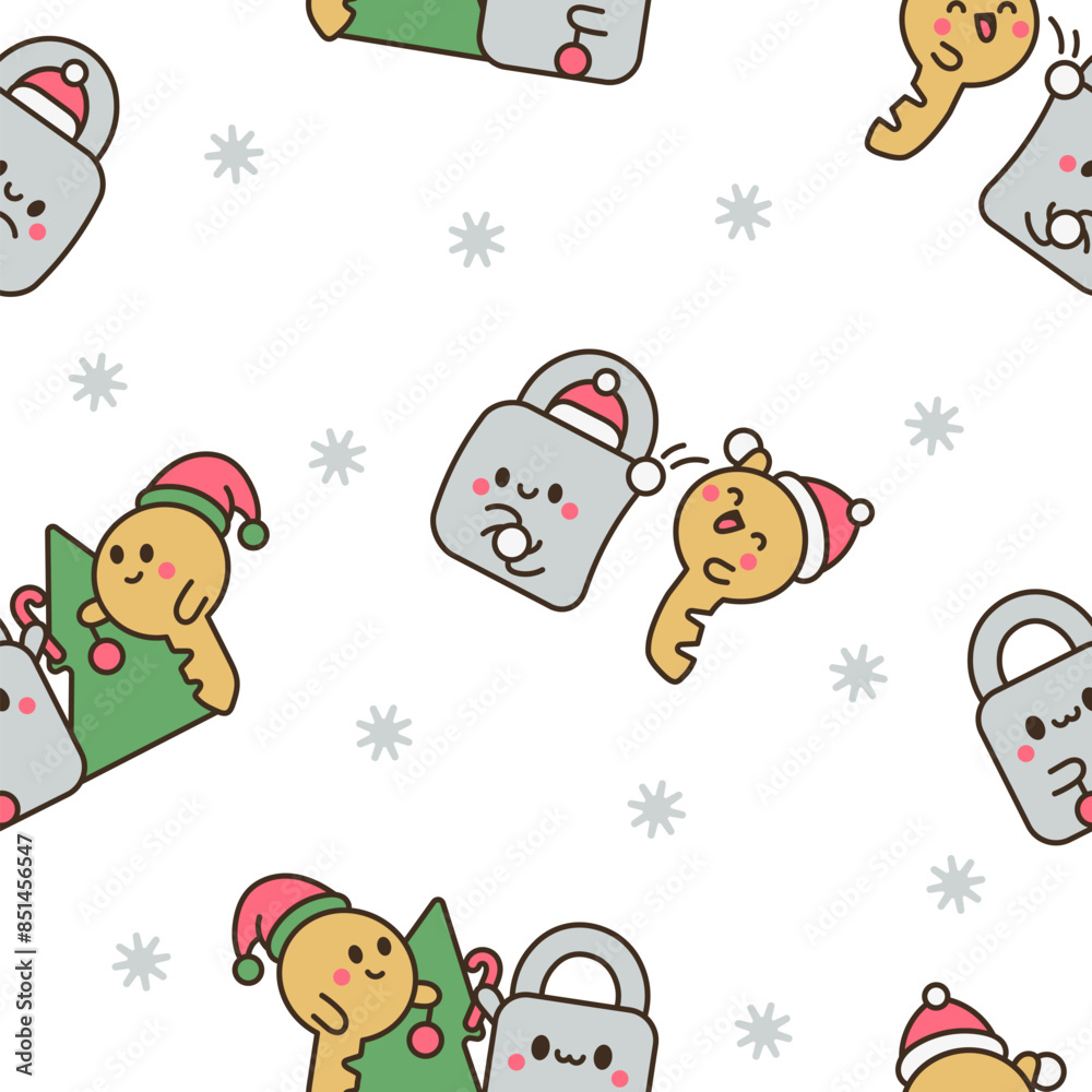 Cute kawaii padlock and key. Seamless pattern. Couple cartoon character. Hand drawn style. Vector drawing. Design ornaments. Cute kawaii padlock and key. Seamless pattern. Couple cartoon character. Hand drawn style. Vector drawing. Design ornaments.