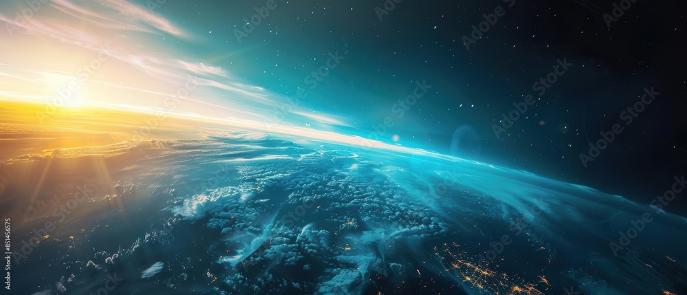 Fototapeta premium View of Earth from space with sunlight on the horizon.