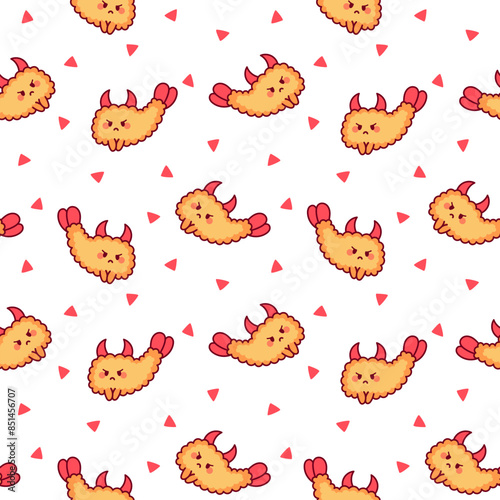 Funny tempura shrimp characters. Seamless pattern. Cute cartoon japanese food. Hand drawn style. Vector drawing. Design ornaments.