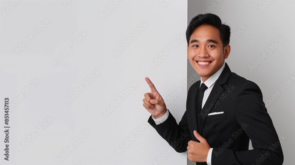 A photograph of a handsome Javanese man, wearing a black suit and tie, making a cheerful peeking and pointing A photograph of a handsome Javanese man, wearing a black suit and tie, making a cheerful peeking and pointing