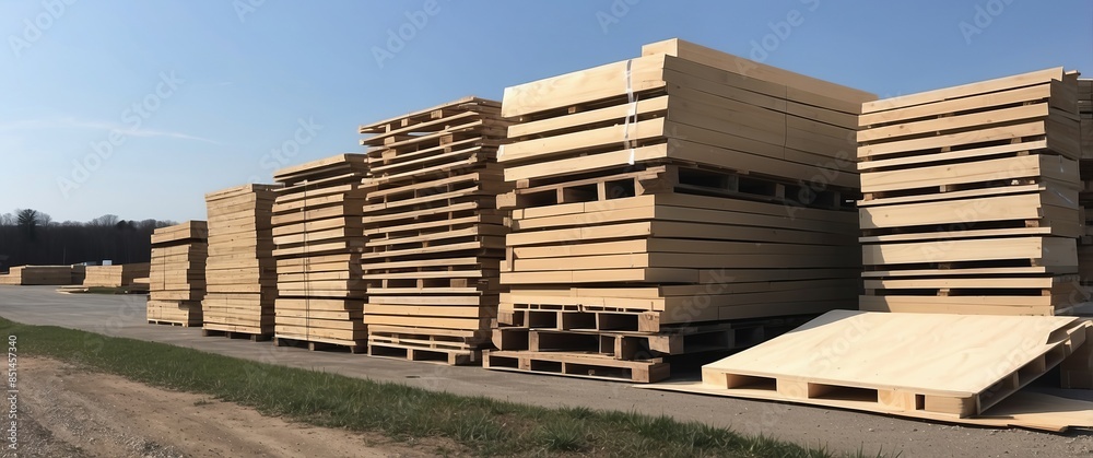 Large stacks of lumber and wooden planks piled in an outdoor yard, indicating materials for construction and carpentry projects Suitable for industrial uses Large stacks of lumber and wooden planks piled in an outdoor yard, indicating materials for construction and carpentry projects Suitable for industrial uses