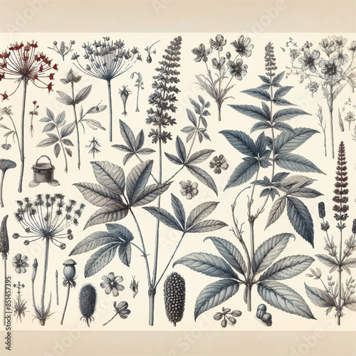Intricate Botanical Watercolour Drawing with Diverse Plants and Flowers - 19th Century Scientific Illustration