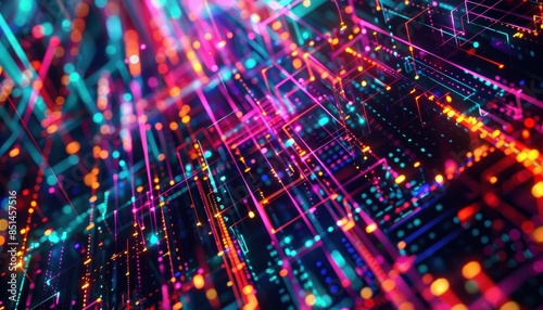 Vivid abstract digital art showcasing glowing neon circuits and data paths, representing technology and innovation in a futuristic design. photo