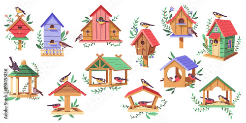 Birdhouses and birdfeeders with leaves 2D cartoon objects set. Cute craft houses for birds flat line vector elements white background