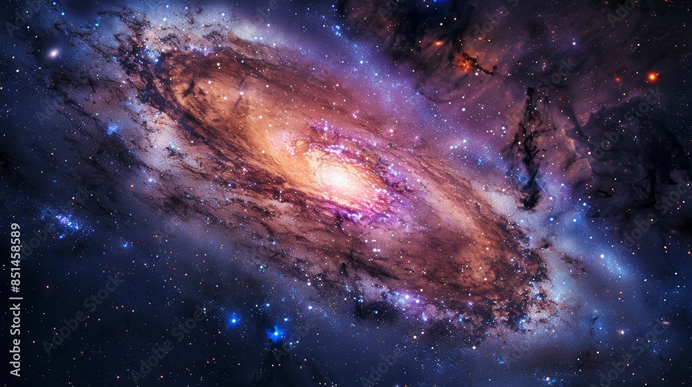 Fototapeta premium An awe-inspiring image of a galaxy far, far away, captured by a powerful telescope, showcasing the vibrant colors and intricate details of distant stars and nebulae