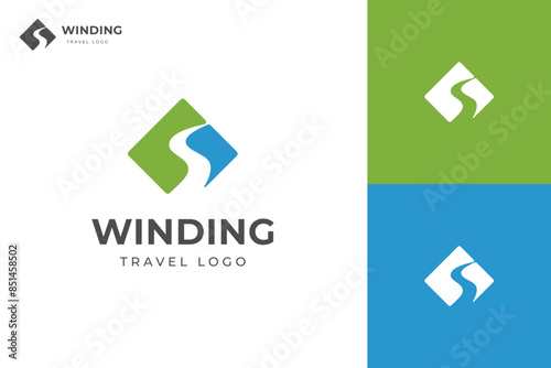 winding road logo icon design with square and creek graphic idea for direction travel logo concept