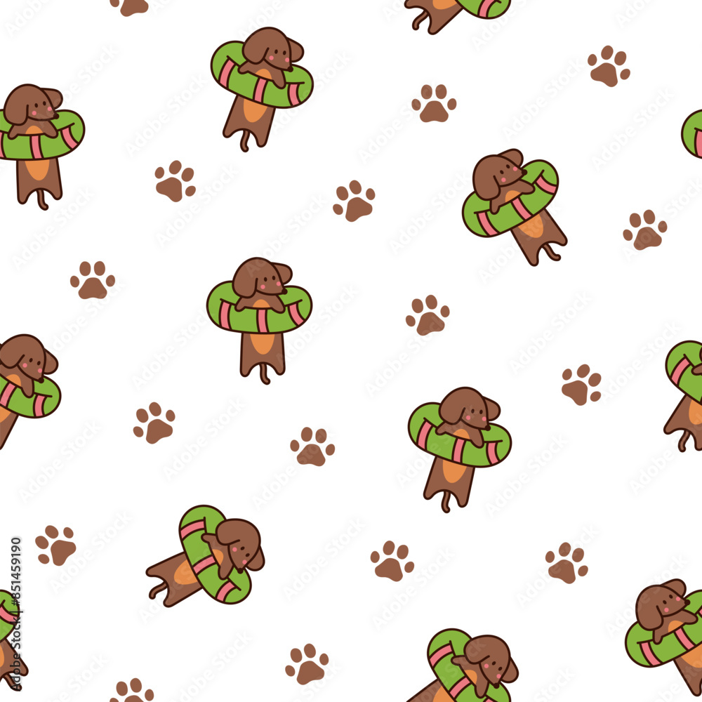 Obraz premium Happy kawaii dachshund. Seamless pattern. Cute cartoon dog characters. Hand drawn style. Vector drawing. Design ornaments.