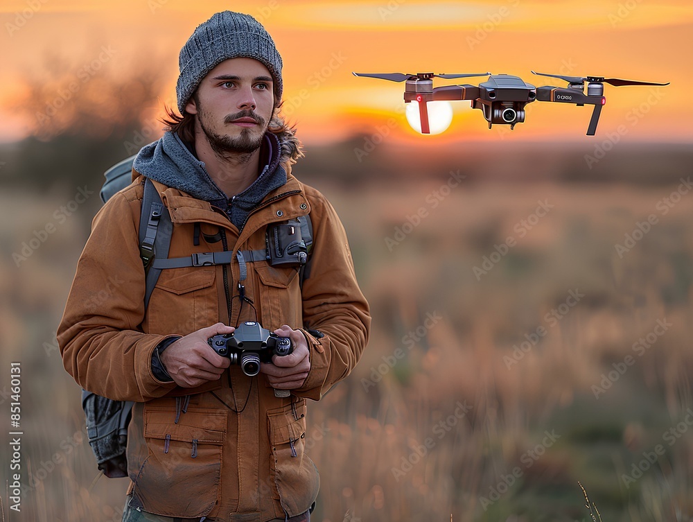 Fototapeta premium Drone Operator Controlling Drone at Sunset