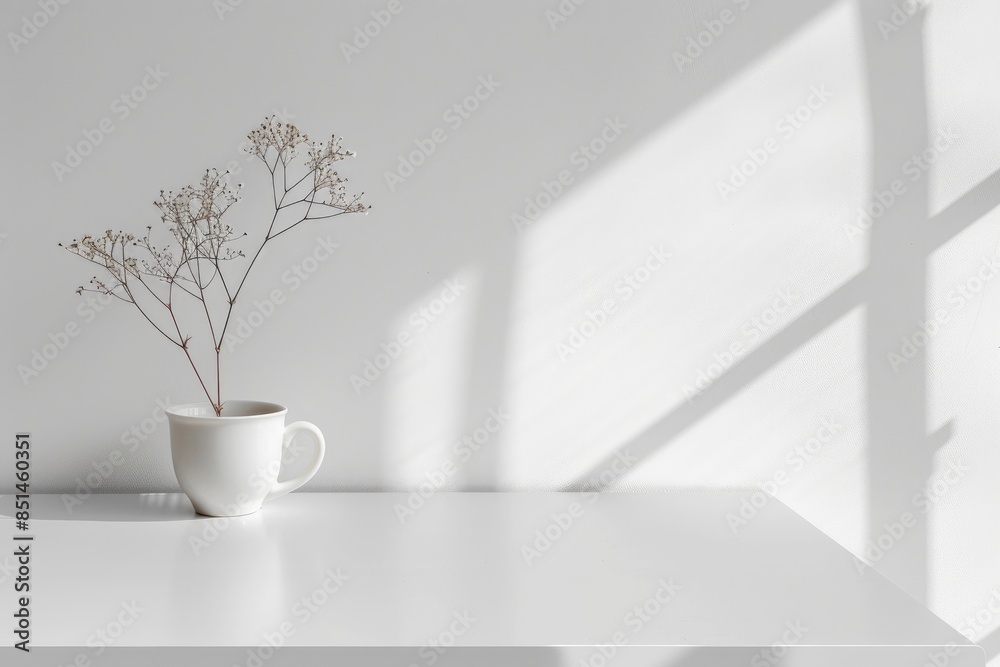 Obraz premium 3D minimalistic empty white tabletop, ideal for layouts and displaying objects on a plain white background with sunlight from the window.
