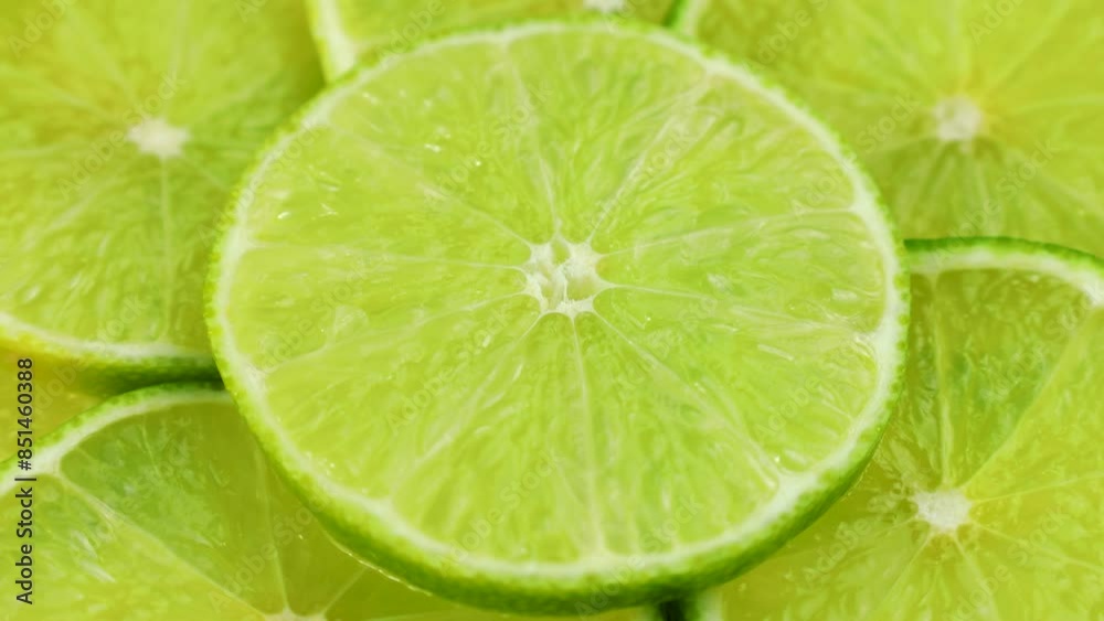 Fresh green juicy lime slices circle rotation close up Fresh green juicy lime slices circle rotation close up
