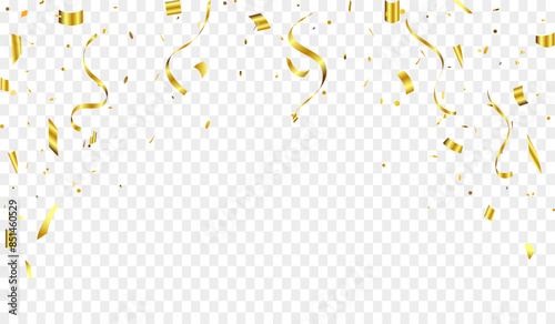 Abstract background party celebration gold confetti. Falling shiny golden confetti isolated on transparent background. Holiday.