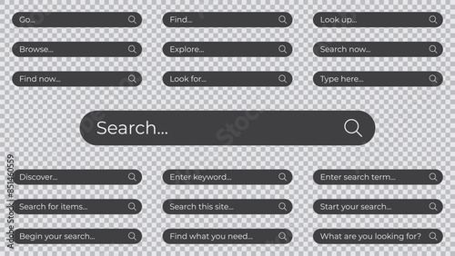 Set of Dark Themed Search Bar Designs with Various Prompts on Transparent Background