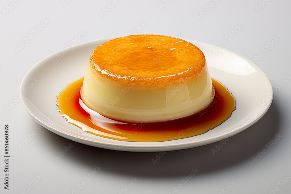 Egg custard dish with caramel on white background Egg custard dish with caramel on white background