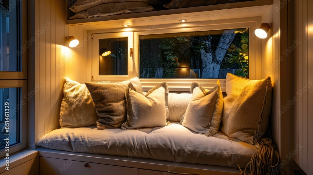 cozy corner with a built-in window seat, lots of pillows, and soft lighting for a perfect reading or nap nook cozy corner with a built-in window seat, lots of pillows, and soft lighting for a perfect reading or nap nook