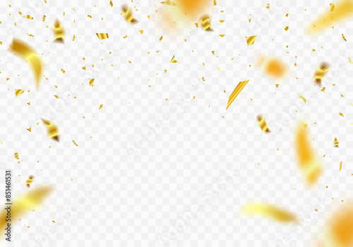 Celebration background template confetti ribbons. Falling shiny golden confetti isolated on transparent background. vector illustration.