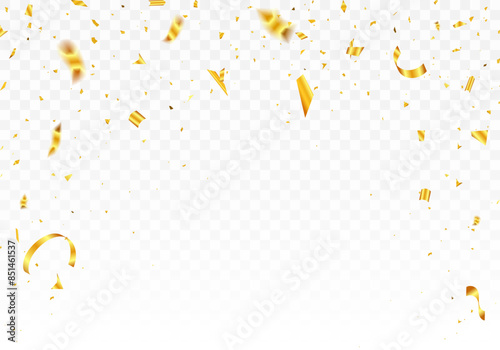 Celebration background template with golden confetti ribbons. Gold confetti on transparent backdrop. Holiday.