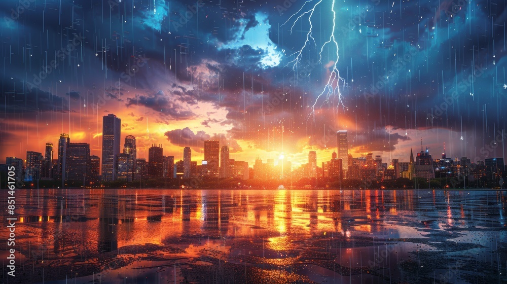 A composite image of a city skyline with weather elements superimposed, such as rain falling, lightning striking, and clouds moving, illustrating the impact of weather A composite image of a city skyline with weather elements superimposed, such as rain falling, lightning striking, and clouds moving, illustrating the impact of weather