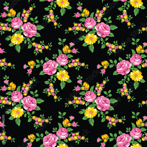 Beautiful elegant floral seamless pattern with Pink rose and green leaves textile design vector illustration 