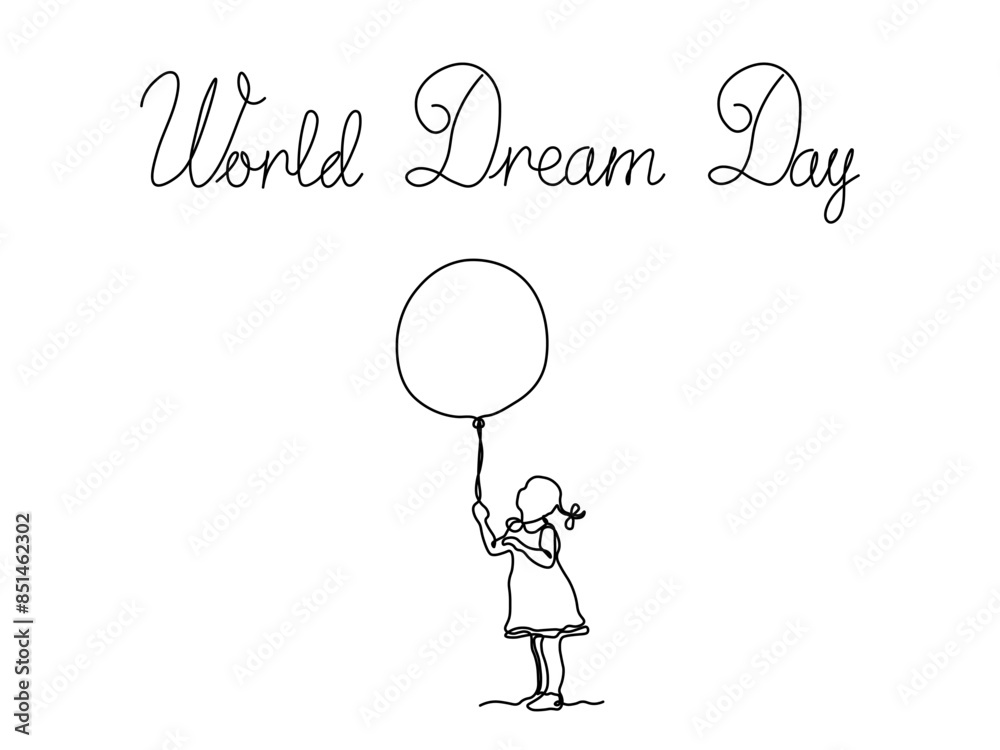 World Dream Day. abstract girl with balloon.continuous single line art drawing sketch, logo