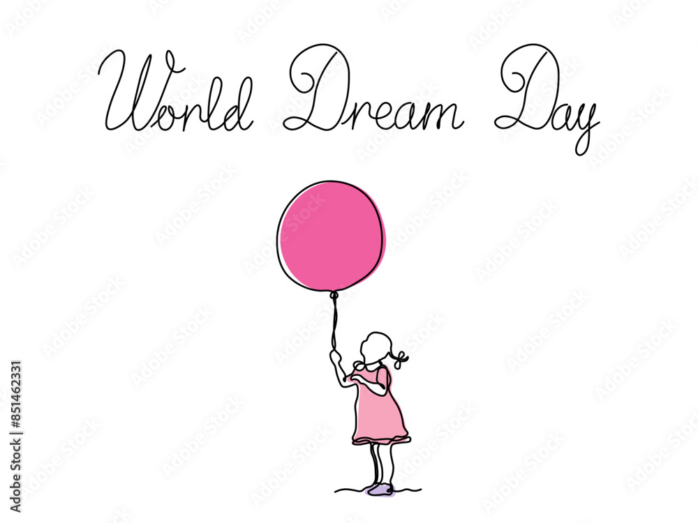 World Dream Day. abstract girl with balloon.continuous single line art drawing sketch, logo World Dream Day. abstract girl with balloon.continuous single line art drawing sketch, logo