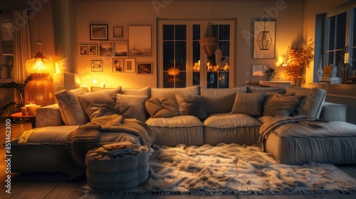cozy living room with a large sectional sofa, warm lighting, and inviting decor creating a perfect space for relaxation