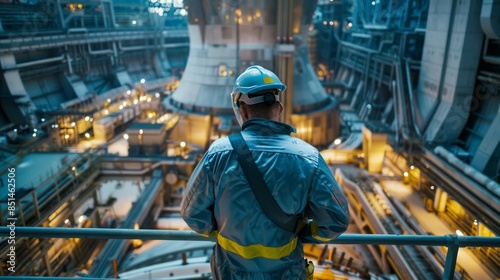 A nuclear plant engineer works in a nuclear plant with a nuclear furnace.
